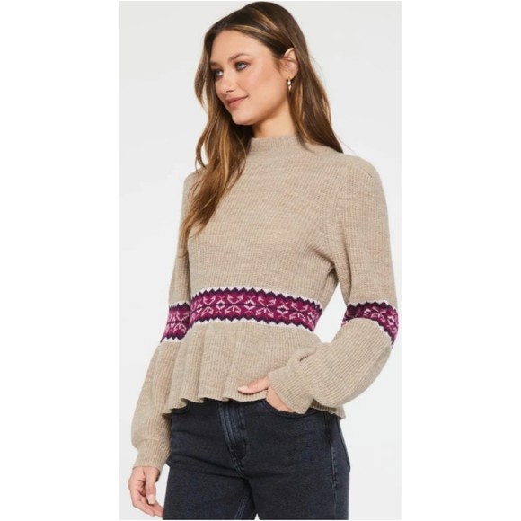 DEAR JOHN Felicia Peplum Tan Long Sleeve Fall Sweater - Picture 3 of 8